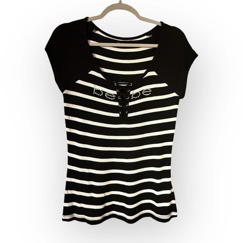 NWOT Bebe Striped Top with Lace-Up Detail Sz L